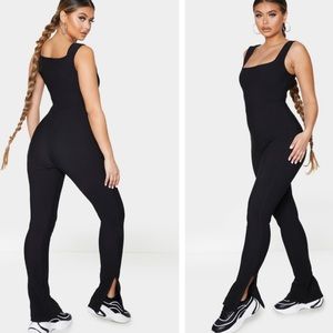 Black Thick Rib Split Hem Jumpsuit
